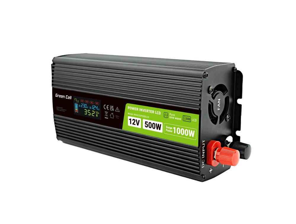 Инвертор GREEN CELL, 12/220V, DC/AC, 500W/1000W INVGC12P500LCD  LCD, Чиста синусоида 1