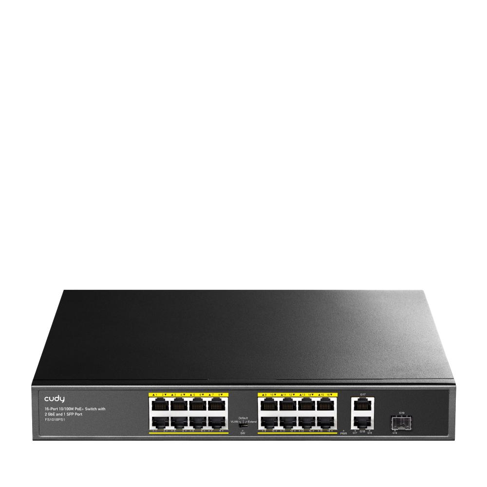 Суич Cudy FS1018PS1, 16 x 10/100 PoE+ Switch 190W, 2 x Gigabit порта, 1 x SFP Slot 1