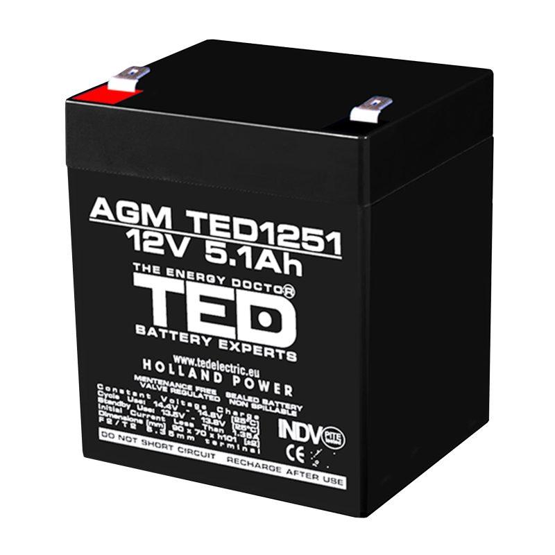 Оловна батерия TED ELECTRIC AGM, 12V, 5Ah, 90/ 70/ 10 1mm, Терминал 2 1